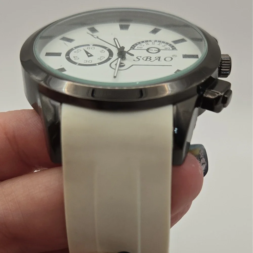 SBAO S-085 Analog Quartz 52mm Watch W/White Dial, White Rubber Strap, Black Case